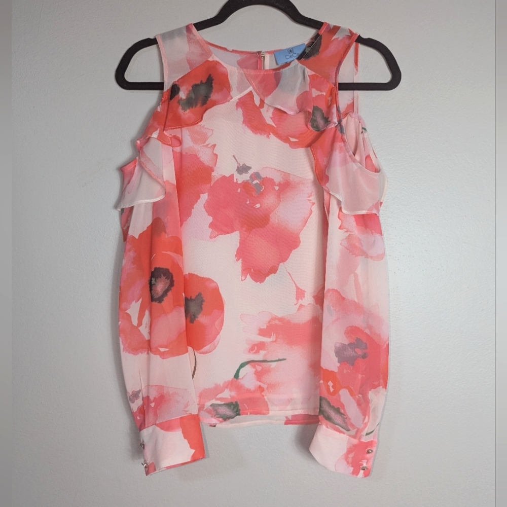 S CeCe Pink Cold Shoulder Floral Print Long Sleeve Top